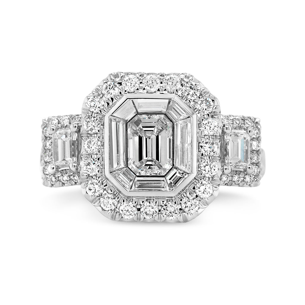 18ct White Gold Diamond Emerald Cut Trilogy Ring TDW: 2.06CT