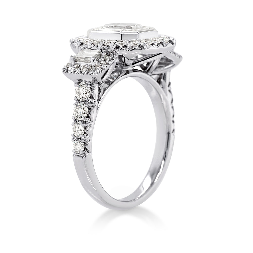 18ct White Gold Diamond Emerald Cut Trilogy Ring TDW: 2.06CT