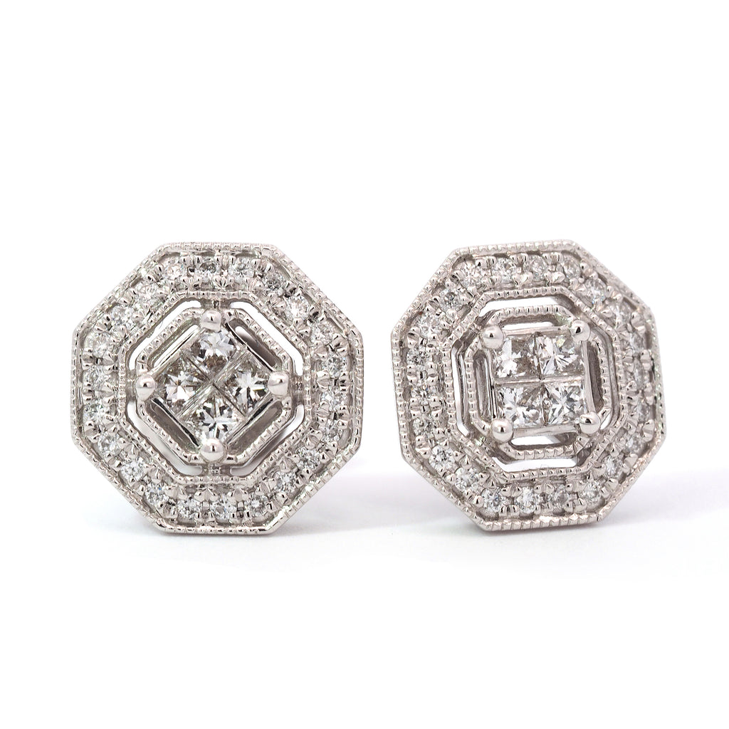 18ct White Gold Diamond Halo Octagonal Stud Earrings TDW 0.3