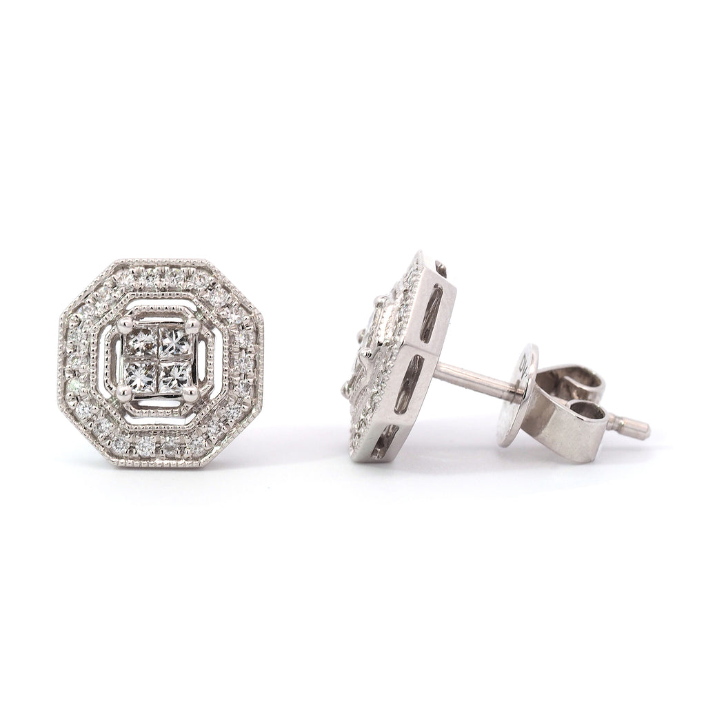 18ct White Gold Diamond Halo Octagonal Stud Earrings TDW 0.3