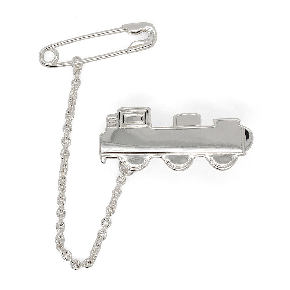 Sterling Silver Train Baby Brooch With Safety Chain & Pin