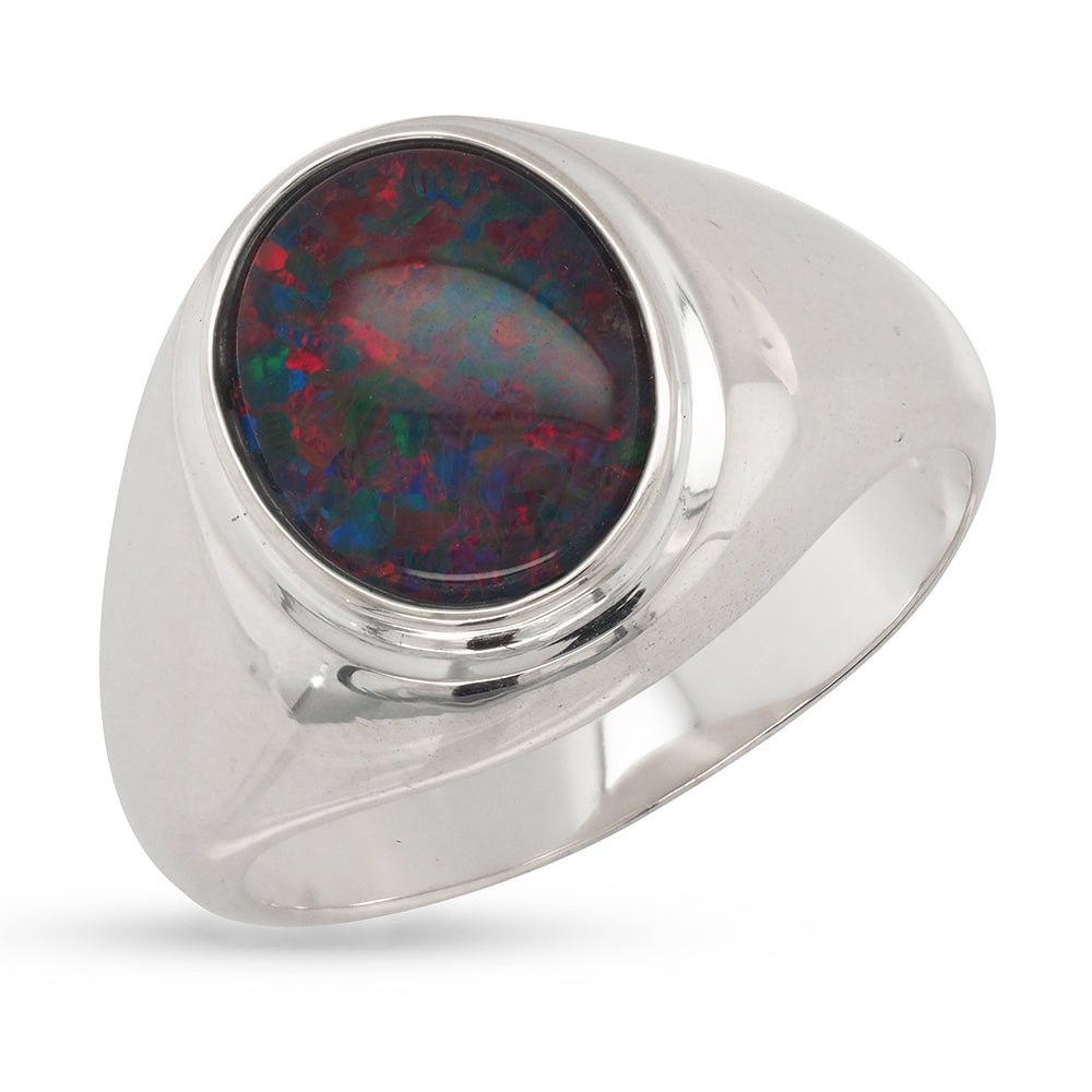 Sterling Silver Oval Blue and Red Tone Triplet Opal Signet R