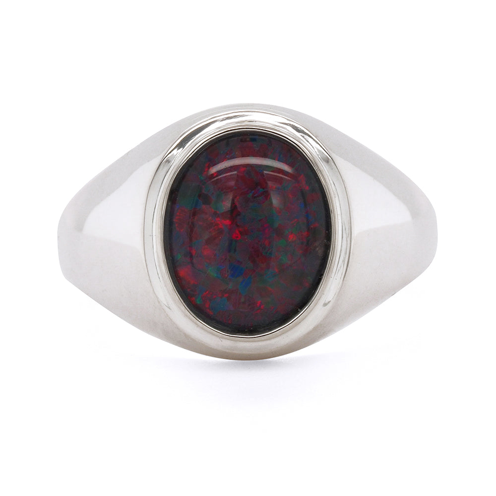 Sterling Silver Oval Blue and Red Tone Triplet Opal Signet R