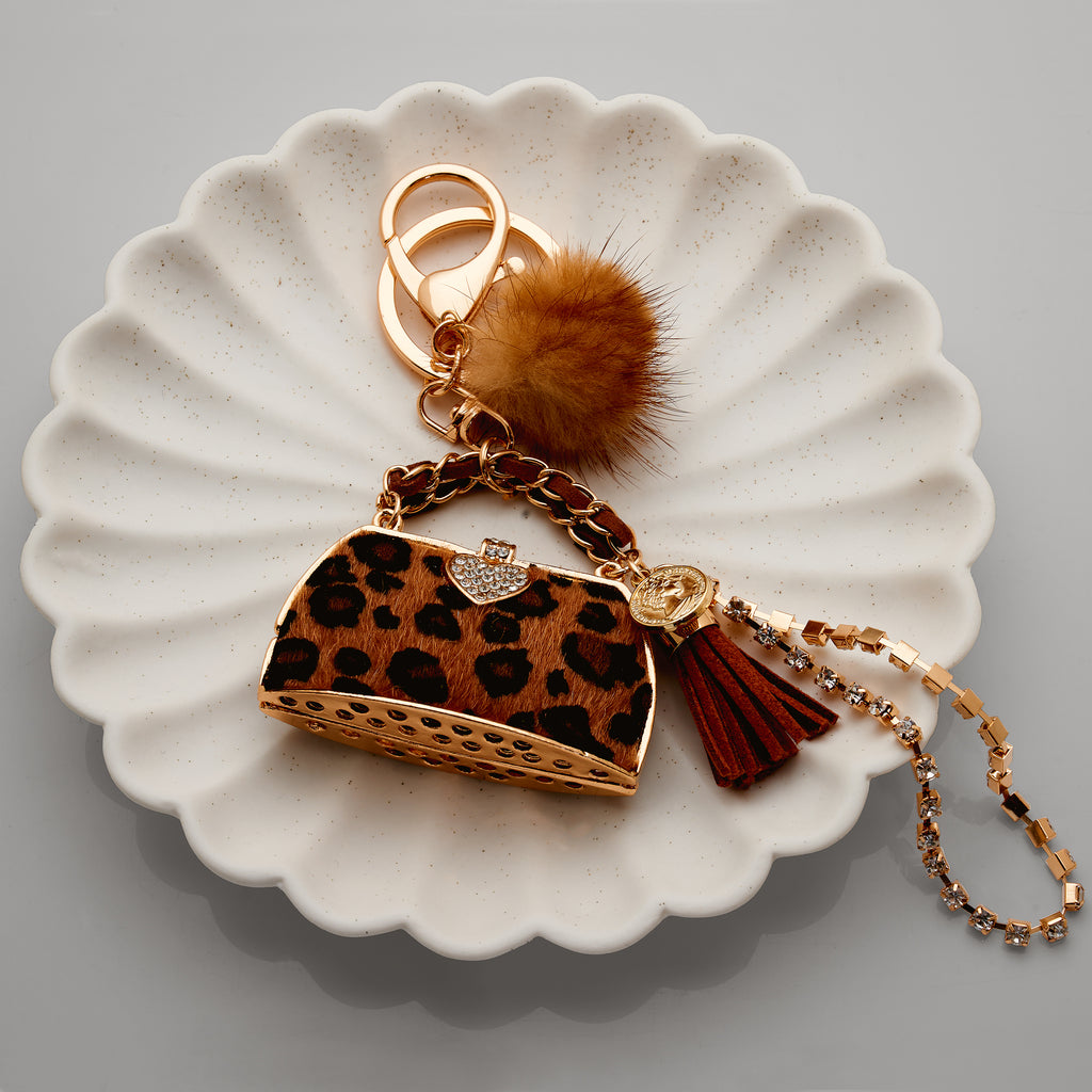 Gold Tone Leopard Print Crystal  & Pom Pom Handbag Keyring P