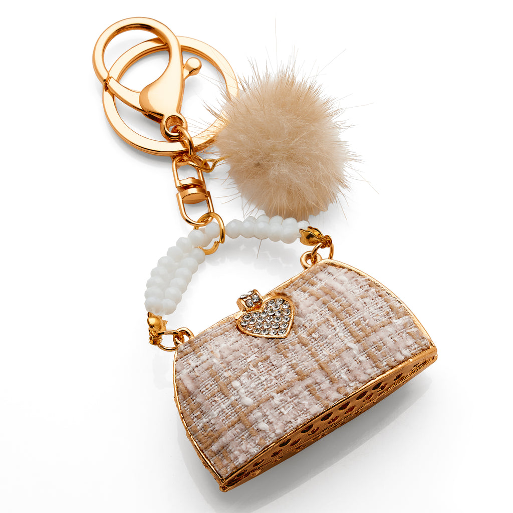 Gold Tone Crystal Handbag & Pom Pom Keyring PKR18