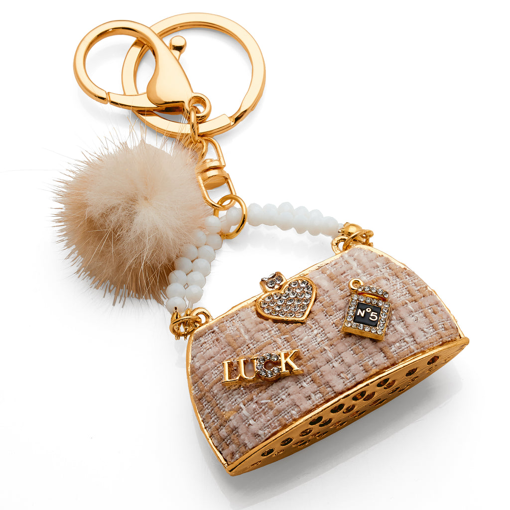 Gold Tone Crystal Handbag & Pom Pom Keyring PKR18