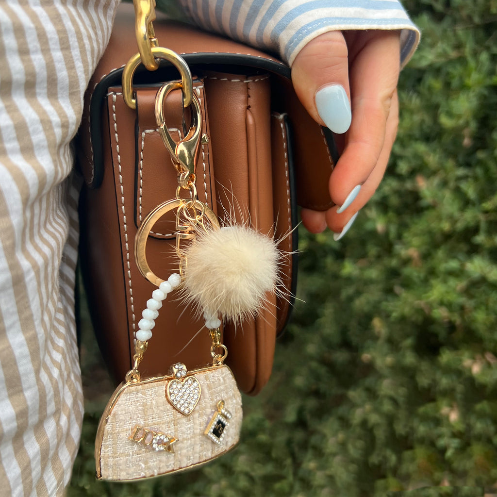 Gold Tone Crystal Handbag & Pom Pom Keyring PKR18