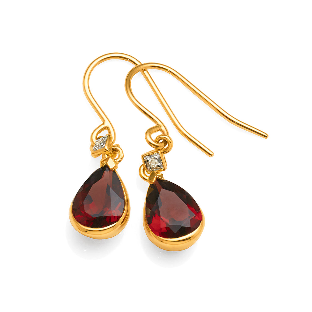 9ct Yellow Gold Pear Shaped Garnet & Diamond Hook Earrings