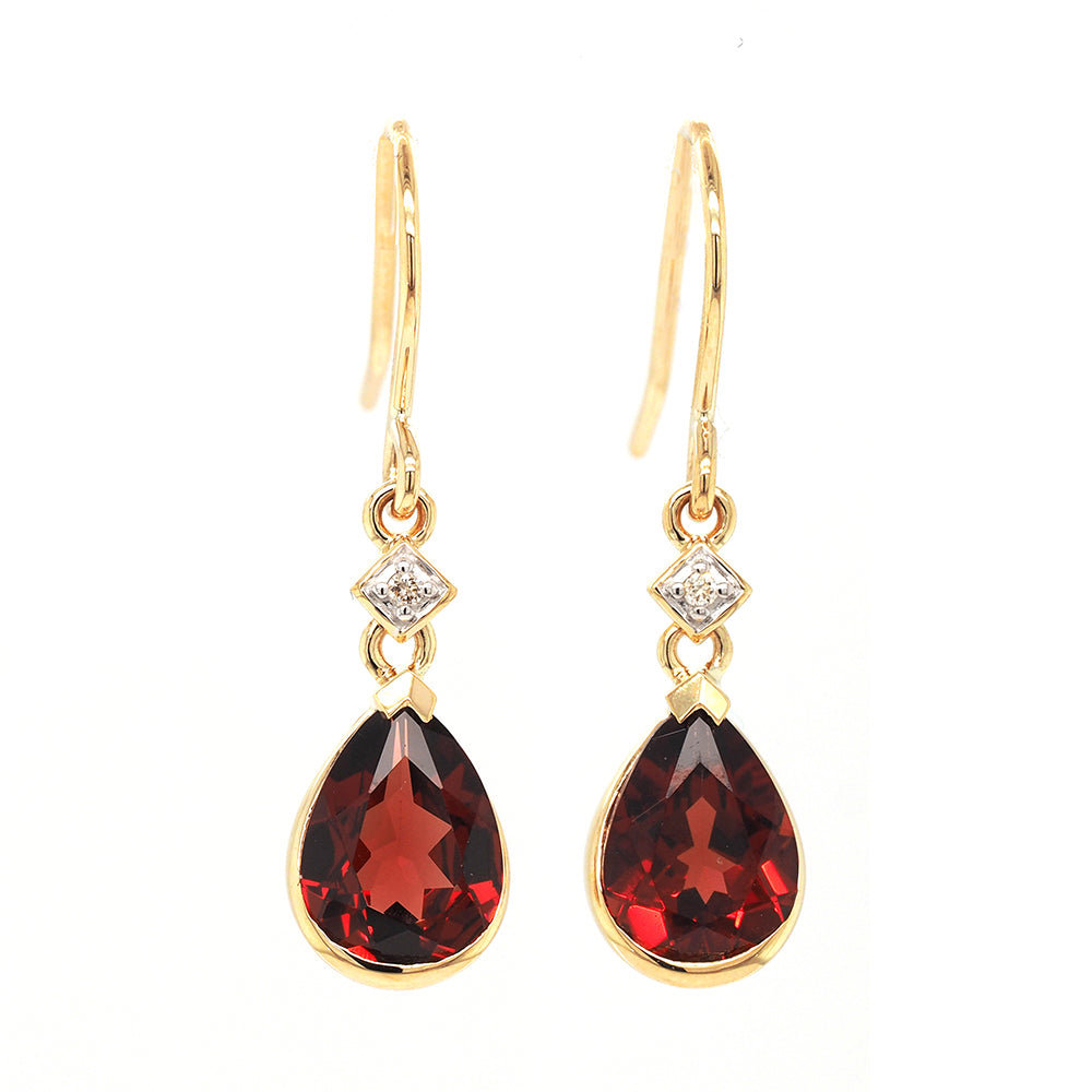 9ct Yellow Gold Pear Shaped Garnet & Diamond Hook Earrings