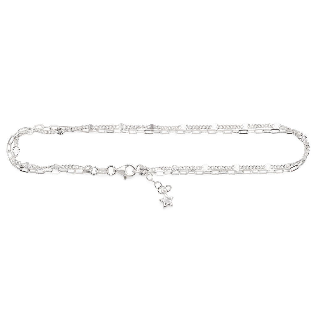 Sterling Silver Double Strand Curb & Paperclip Link Anklet