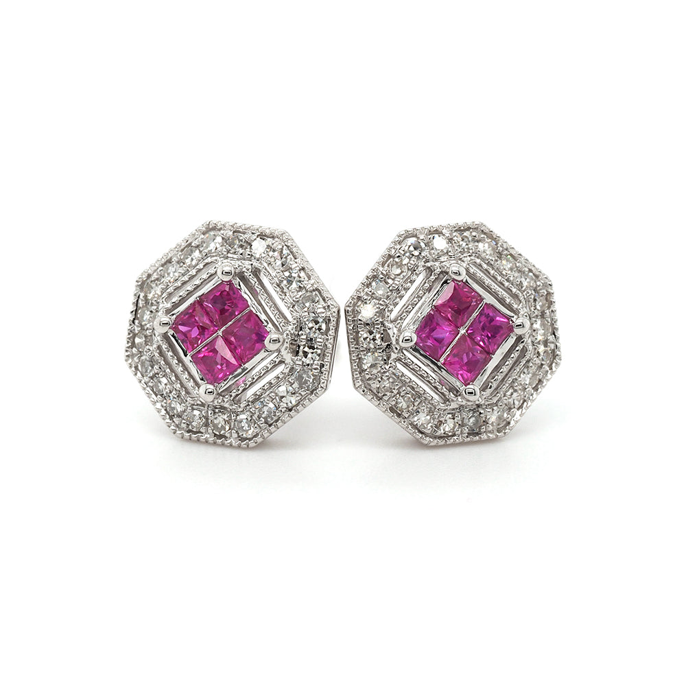 9ct White Gold Ruby & Diamond Halo Art Deco Stud Earrings TD