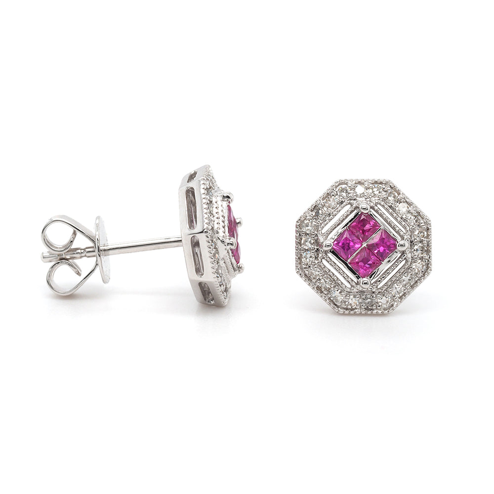 9ct White Gold Ruby & Diamond Halo Art Deco Stud Earrings TD