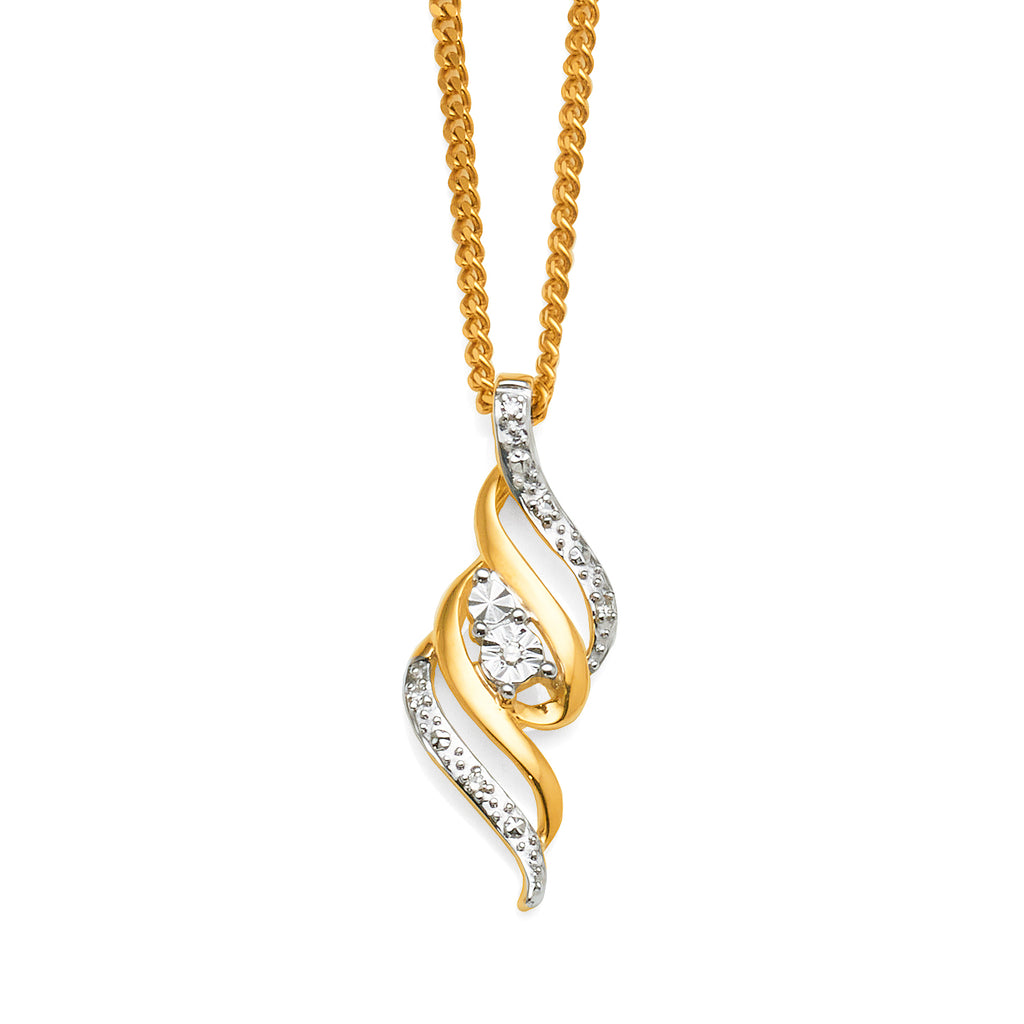 9ct Yellow Gold Diamond Vertical Open Swirl Pendant