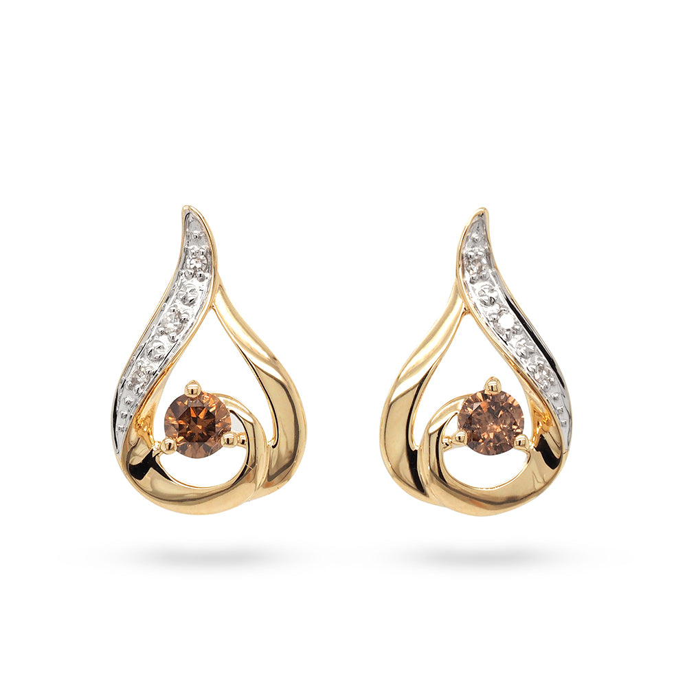 9ct Yellow Gold Cognac Diamond Open Teardrop Stud Earrings T