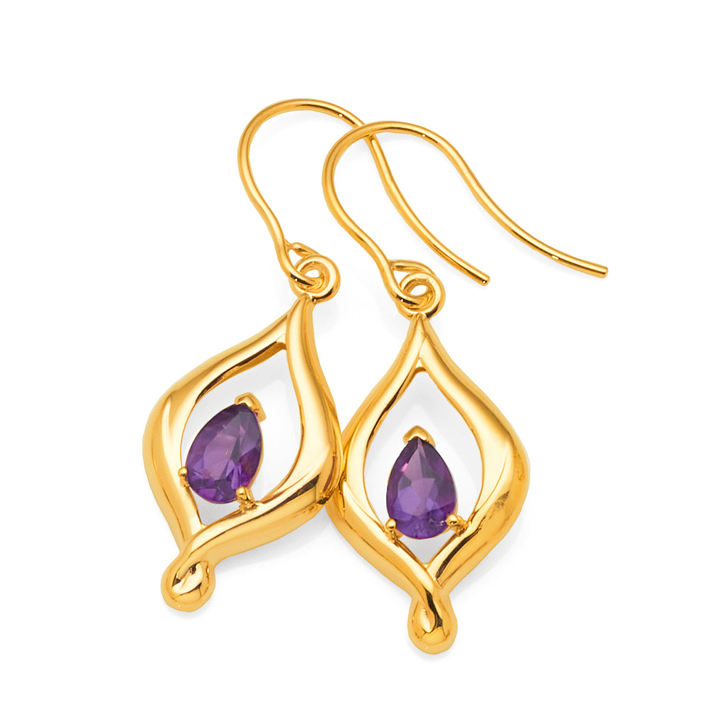 9ct Yellow Gold Pear Shaped Amethyst Hook Earrings