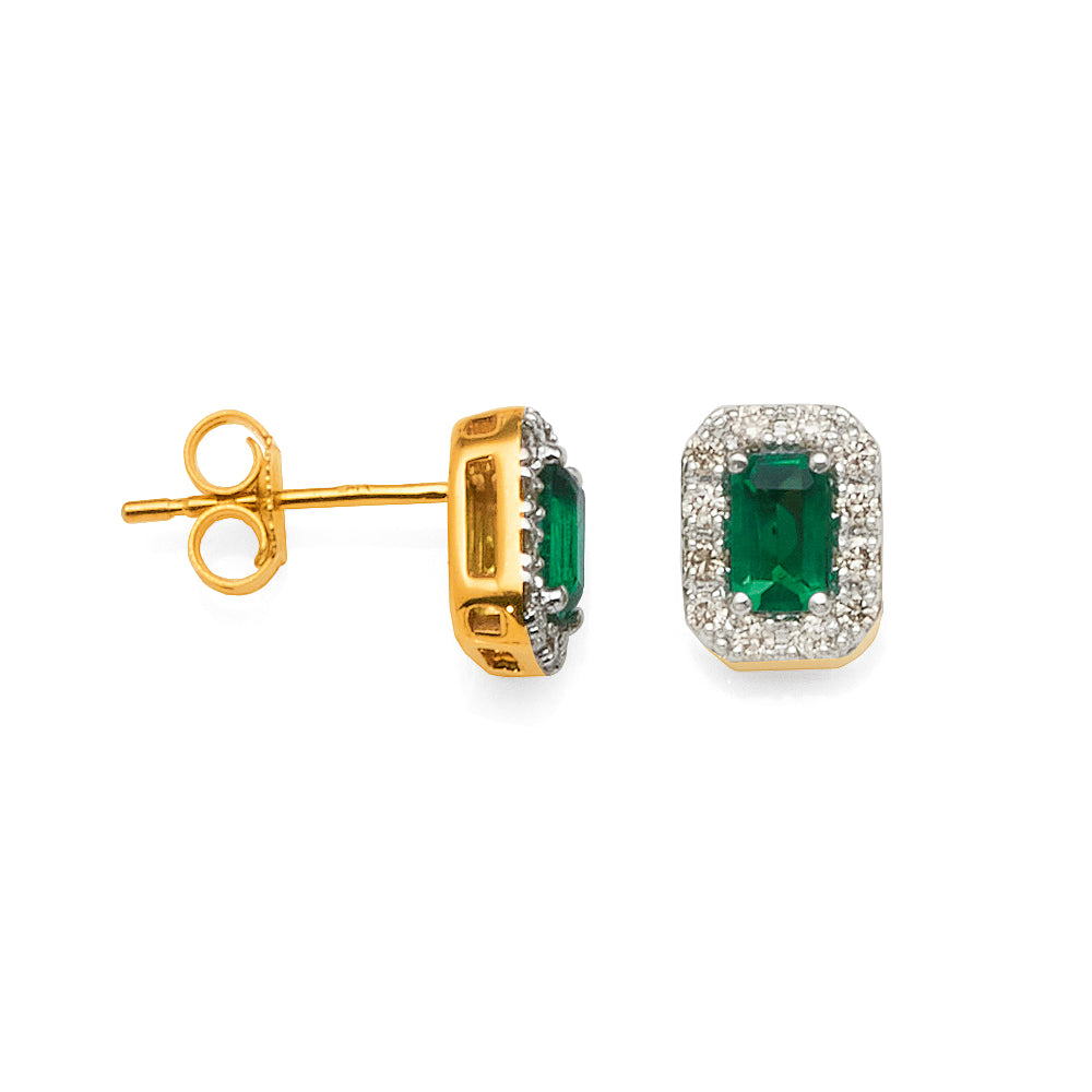 9ct Gold Emerald-Cut Created Emerald & Diamond Stud Earrings