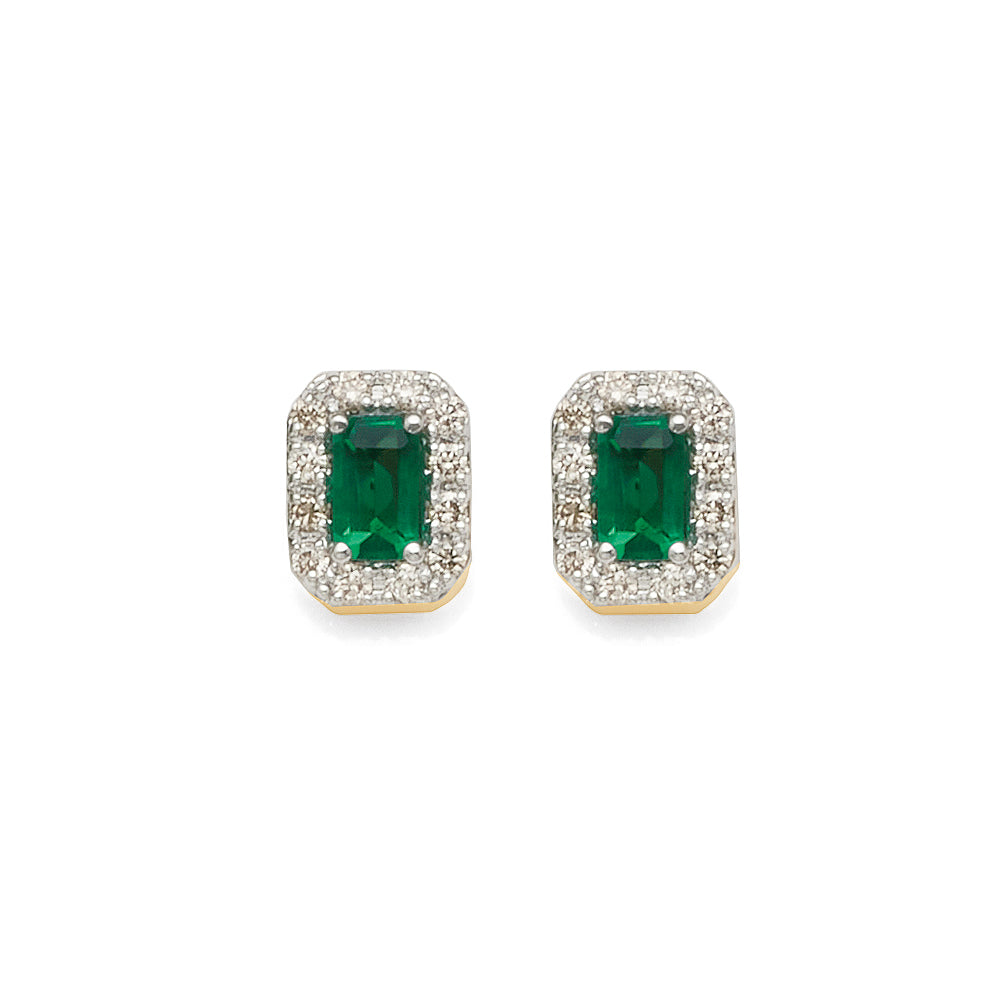 9ct Gold Emerald-Cut Created Emerald & Diamond Stud Earrings