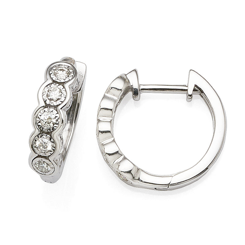 9ct White Gold Diamond Scalloped Edge Huggie Earrings TDW 0.