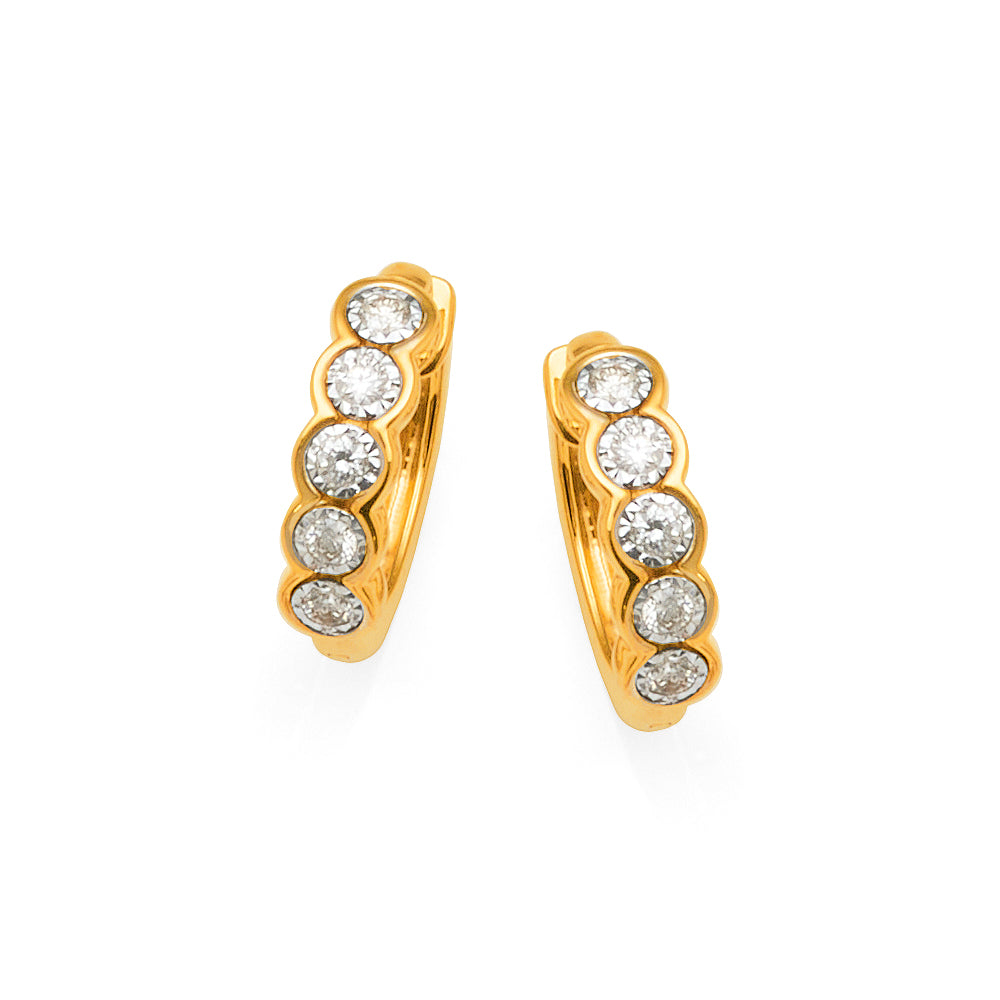9ct Yellow Gold Diamond 11mm Scalloped Edge Huggie Earrings