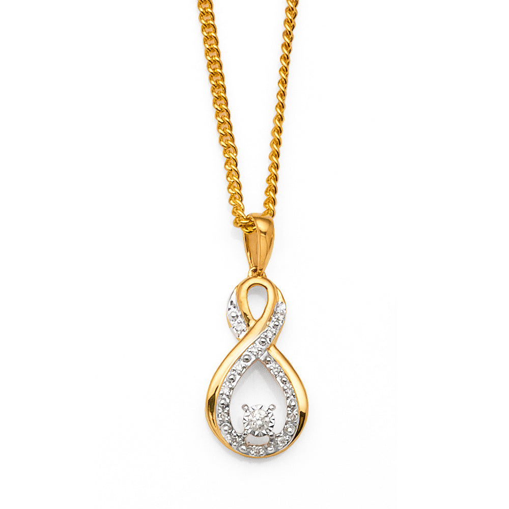 9ct Yellow Gold Diamond Set Vertical Open Infinity Pendant