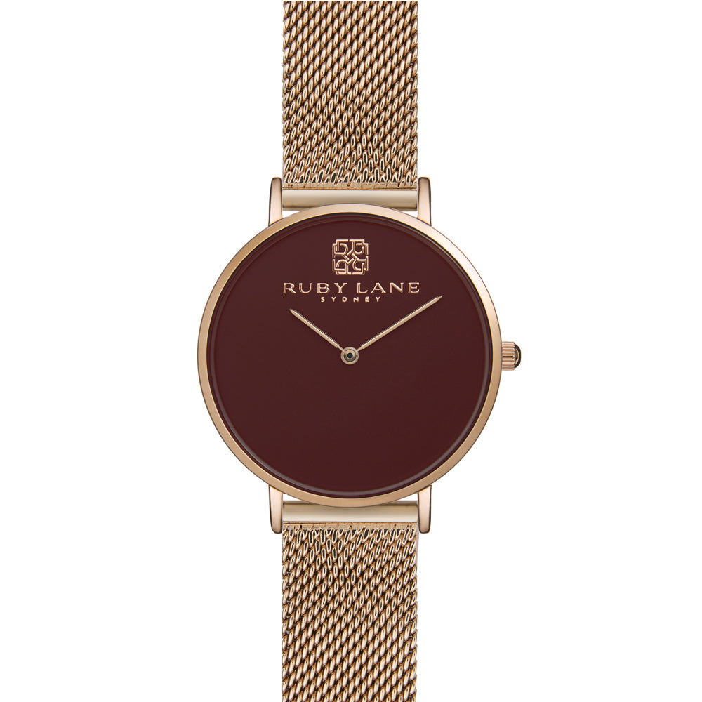 Ruby Lane Rose Stainless Steel Mesh Strap Burgundy Dial Watc