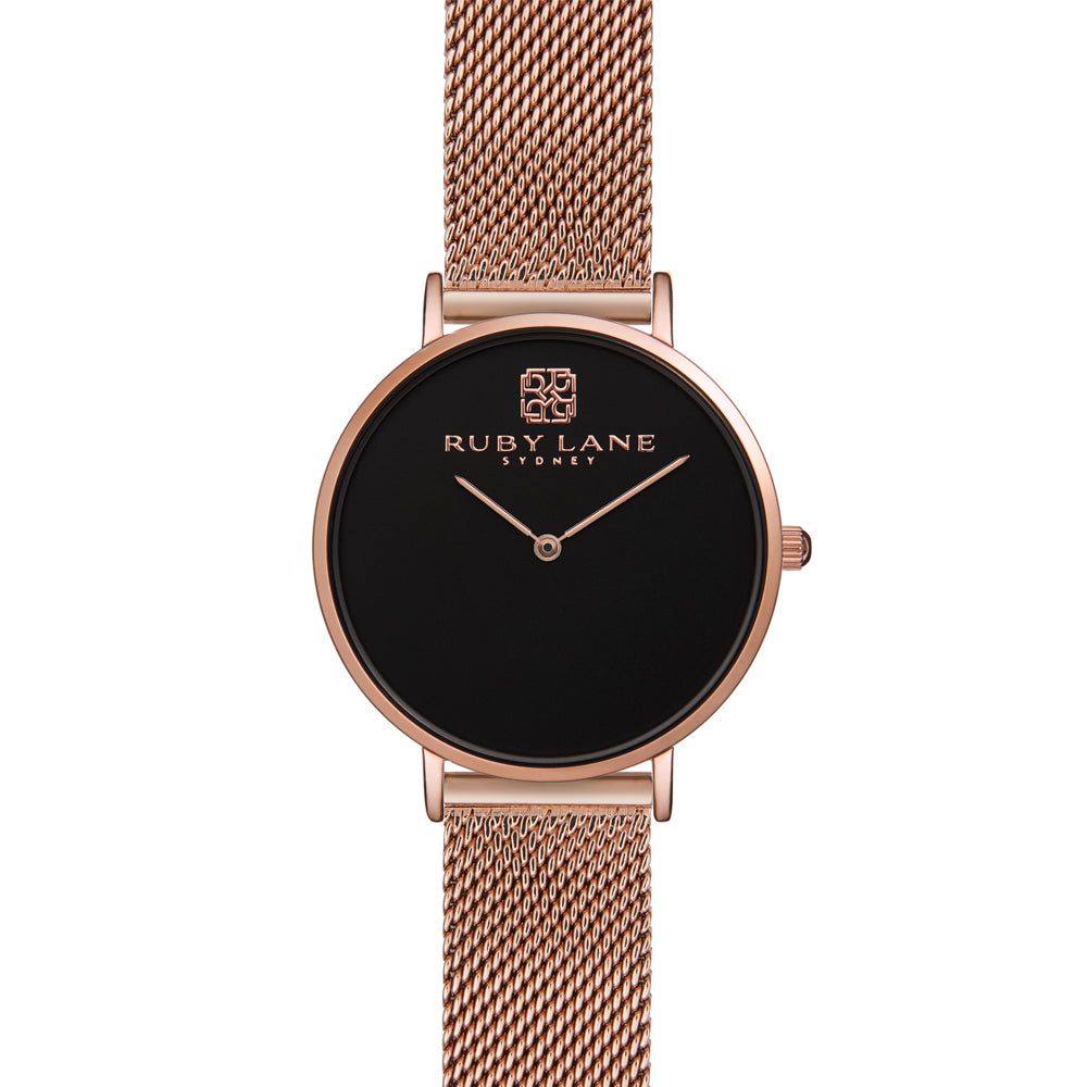 Ruby Lane Rose Tone Stainless Steel Mesh Strap Black Dial Wa