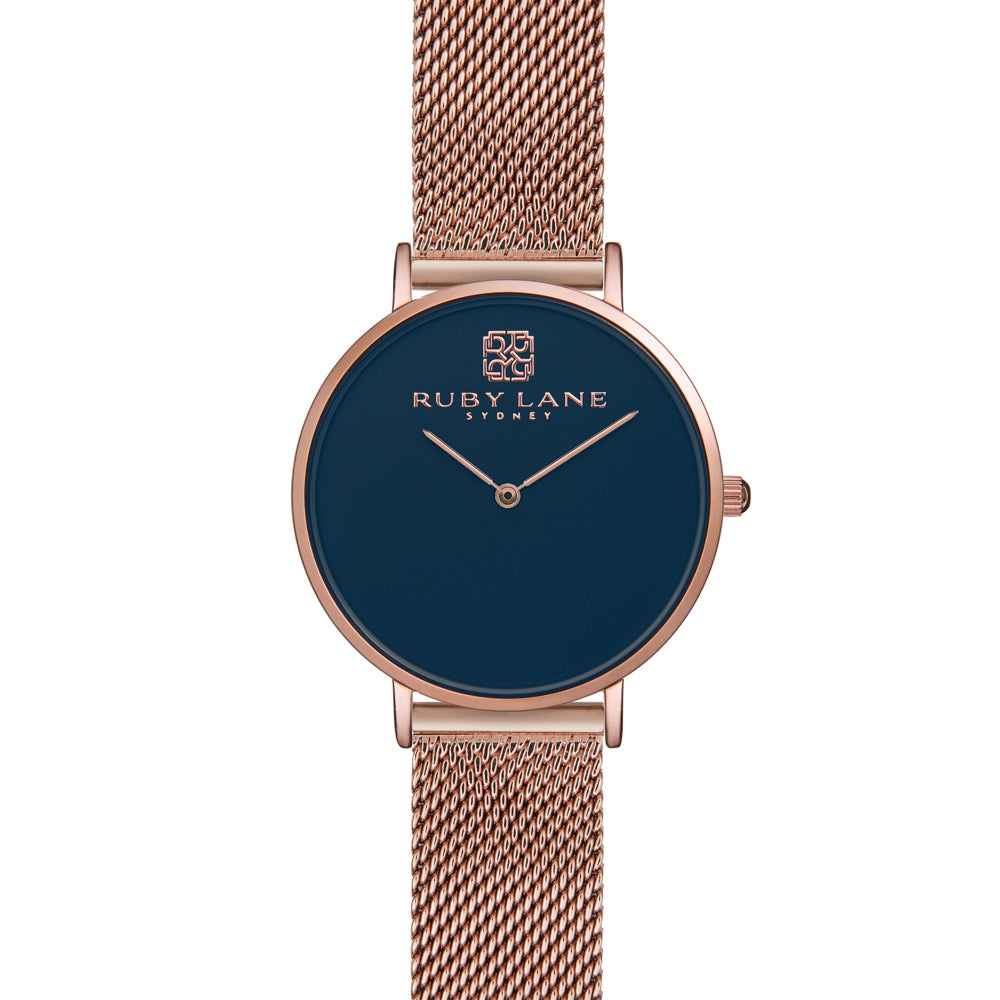 Ruby Lane Rose Tone Stainless Steel Mesh Strap Blue Dial Wat