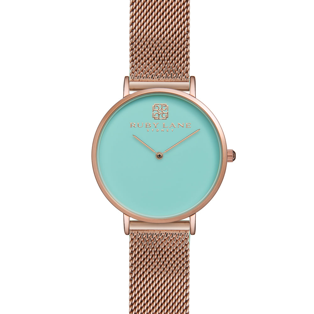 Ruby Lane Rose Tone Stainless Steel Mesh Strap Aqua Dial Wat