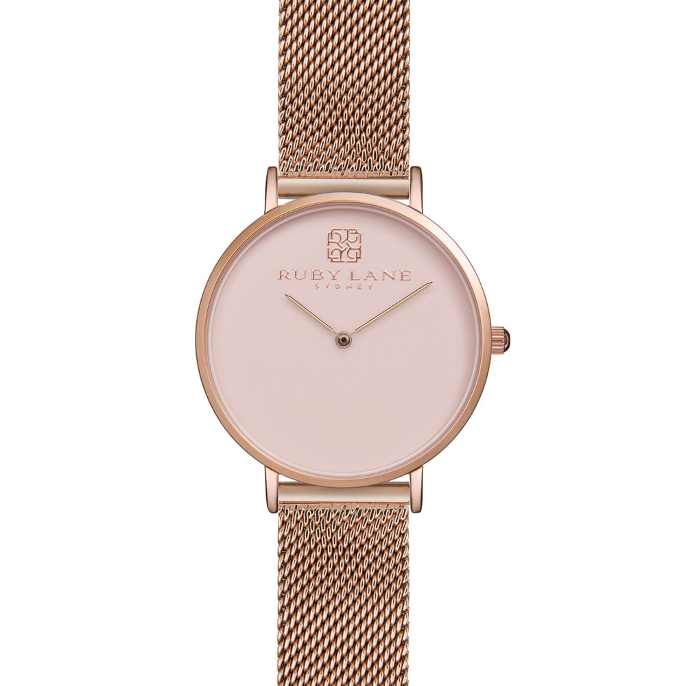 Ruby Lane Rose Tone Stainless Steel Mesh Strap Pink Dial Wat