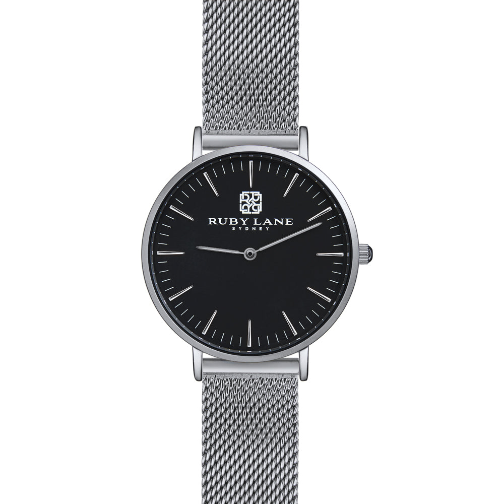 Ruby Lane Organic Stainless Steel Mesh & Black Dial Watch OR