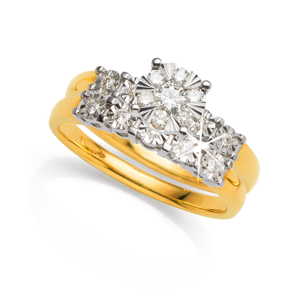 9ct Yellow Gold Diamond Cluster Bridal Ring Set TDW 0.34CT