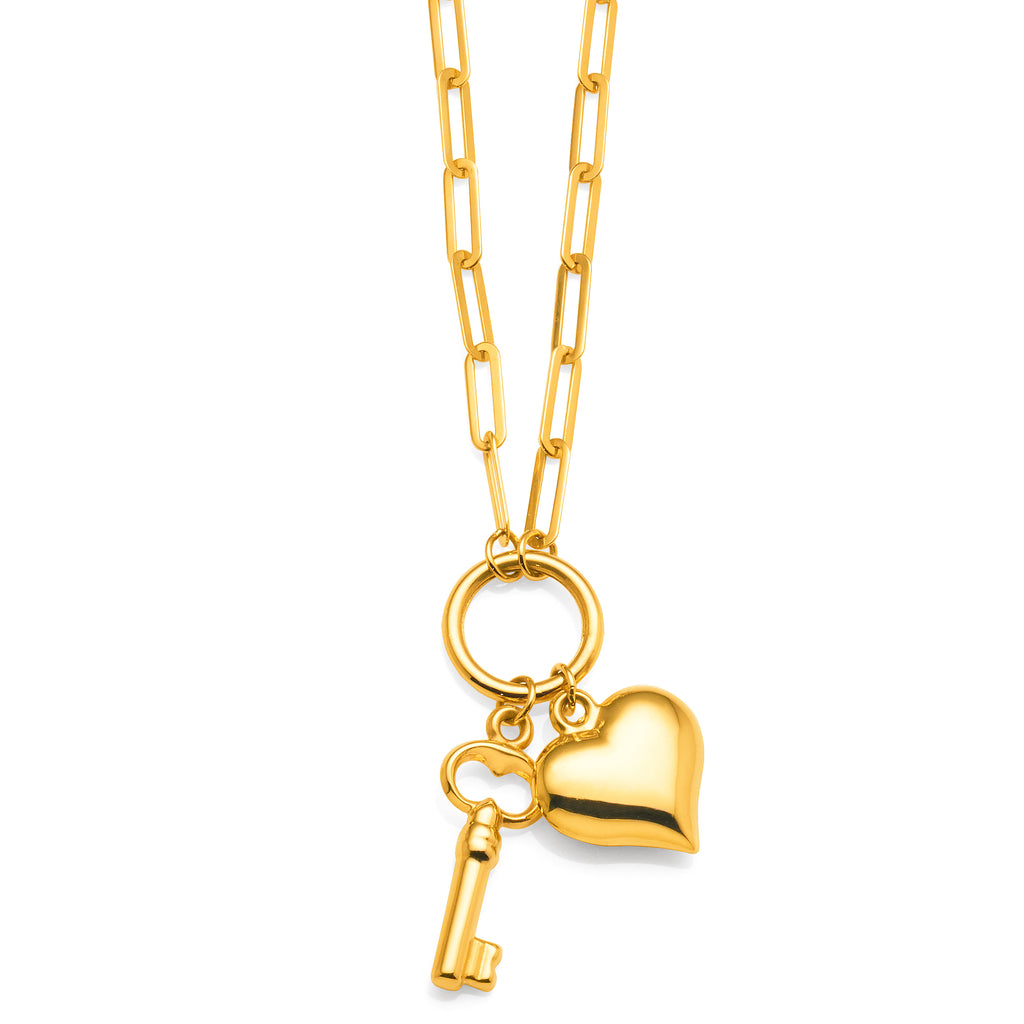 9ct Yellow Gold Heart & Key Charm On 45cm Paper Clip Chain