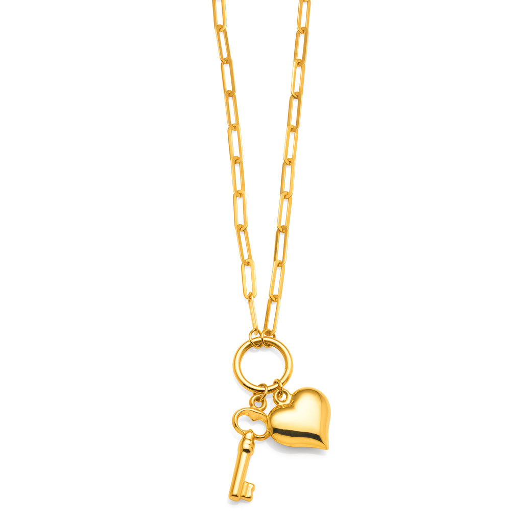 9ct Yellow Gold Heart & Key Charm On 45cm Paper Clip Chain