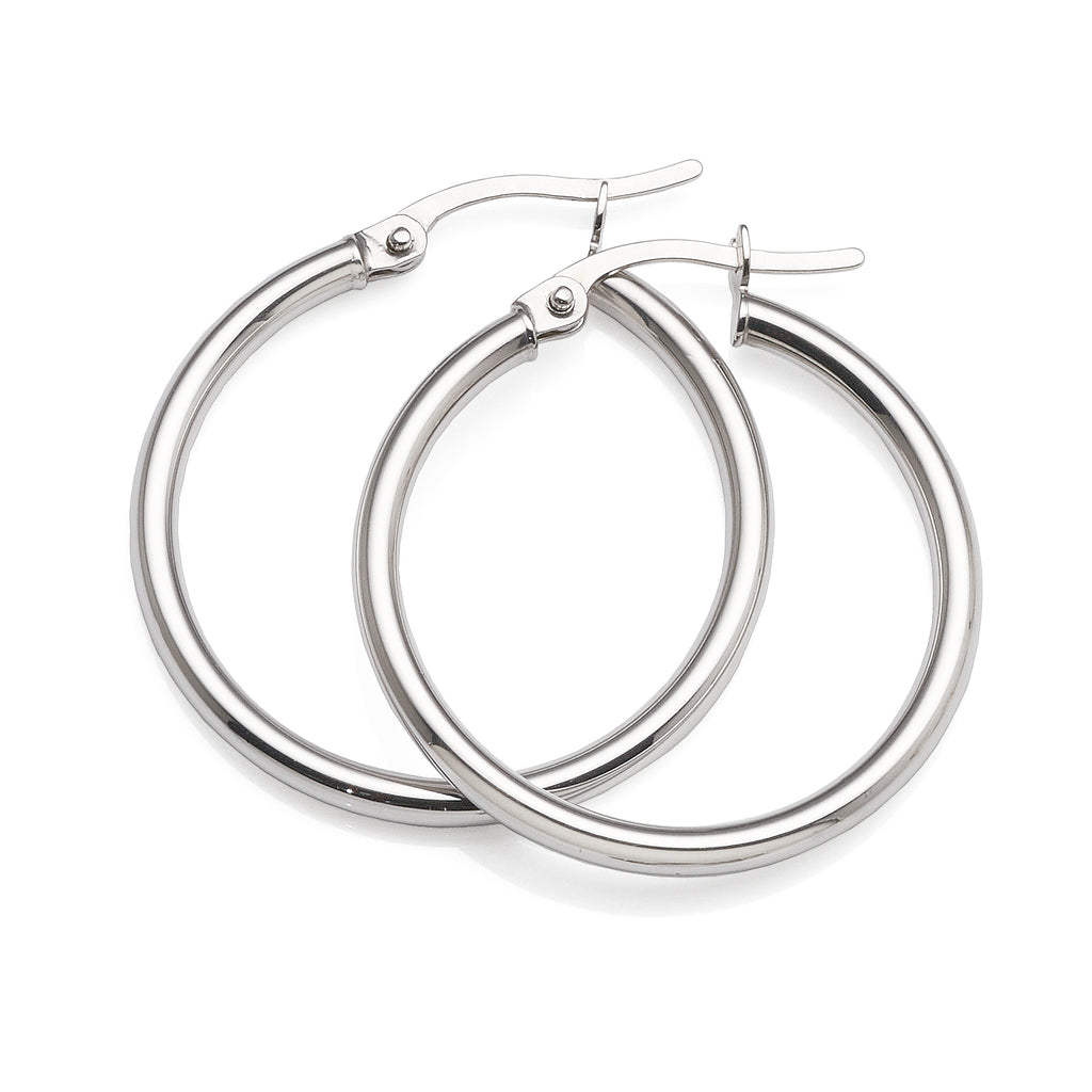 9ct White Gold 20mm Round Plain Tube Hoop Earrings