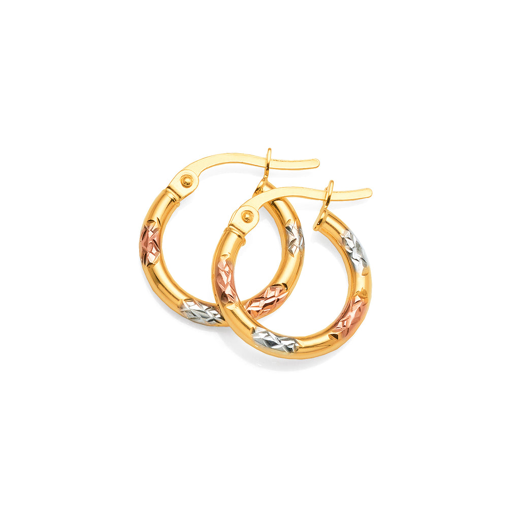 9ct Gold 3-Tone Diamond Cut Pattern 10mm Hoops