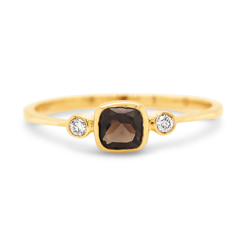 9ct Yellow Gold Cushion Cut Smokey Quartz & Diamond Ring