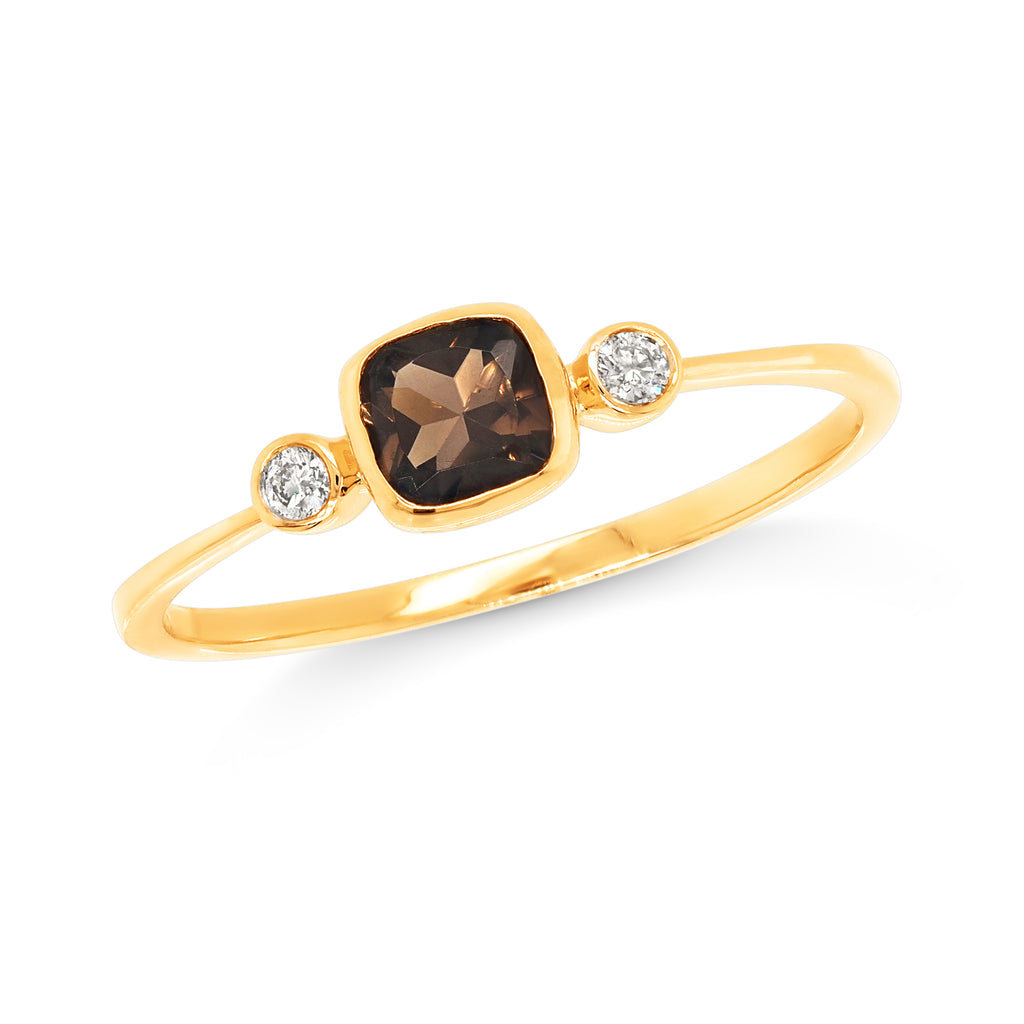 9ct Yellow Gold Cushion Cut Smokey Quartz & Diamond Ring