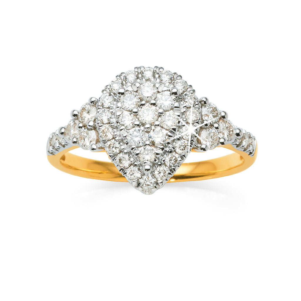 9ct Gold Diamond Pear-Shaped Multi-Stone Ring TDW 0.75CT