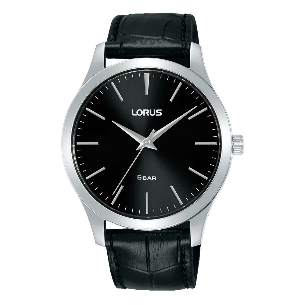 Lorus Stainless Steel Black Croc-Look Leather Strap Watch RR