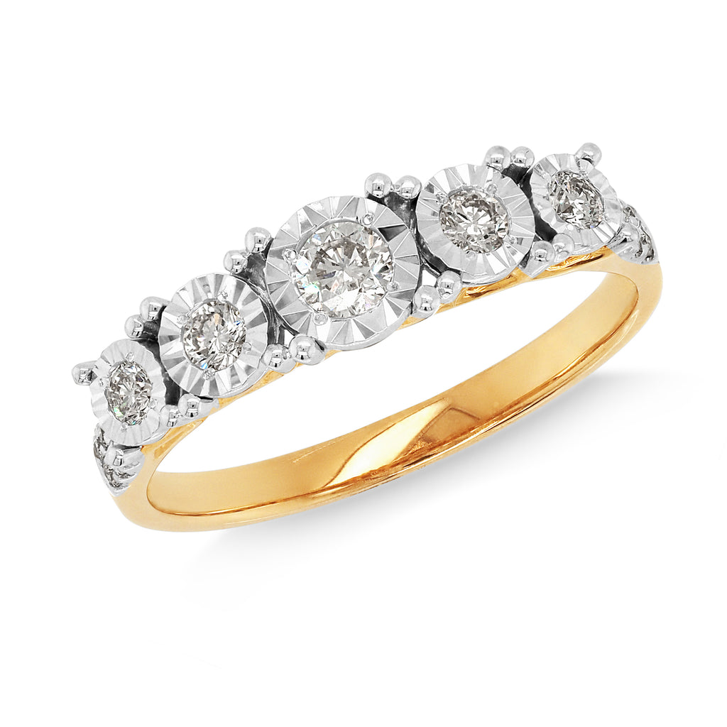 9ct Yellow Gold Brilliant Cut Five Diamond Row Ring TDW: 0.3