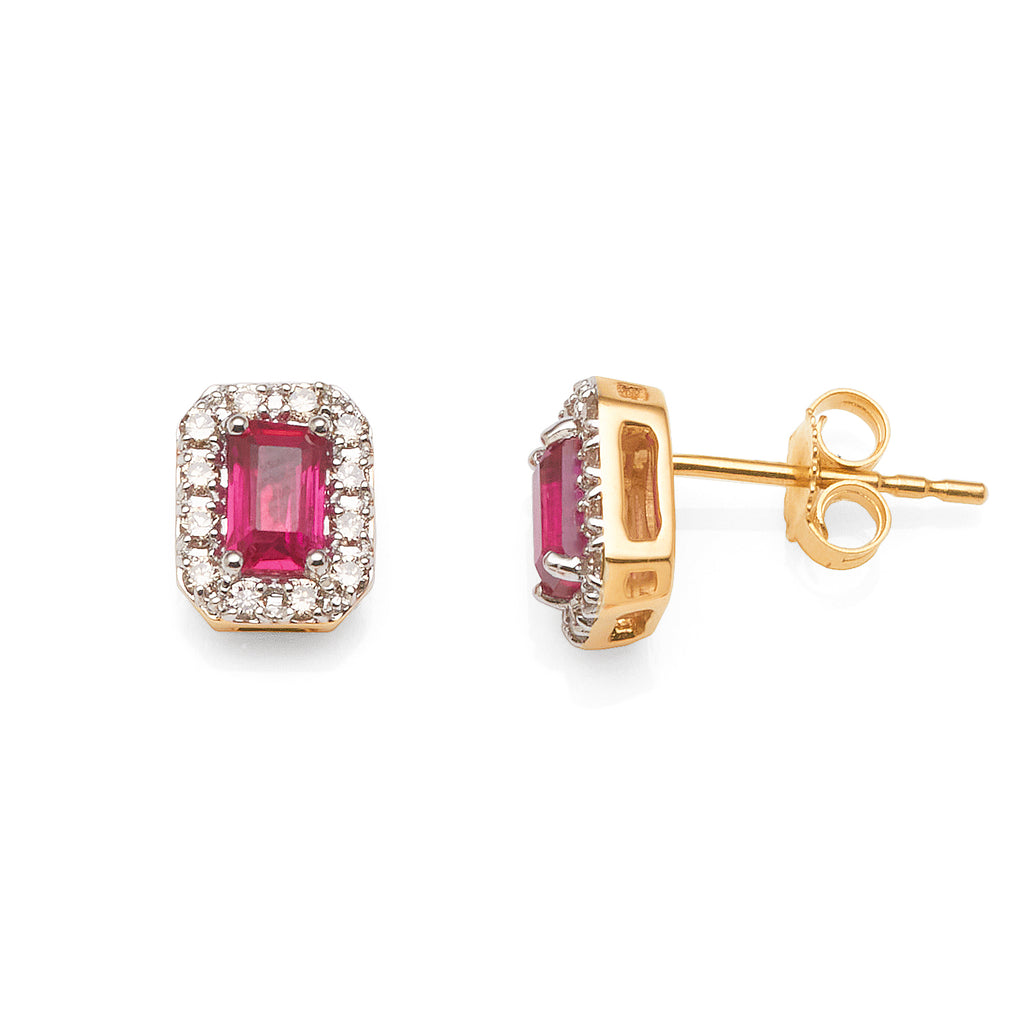 9ct Yellow Gold Emerald Cut Created Ruby & Diamond Halo Stud