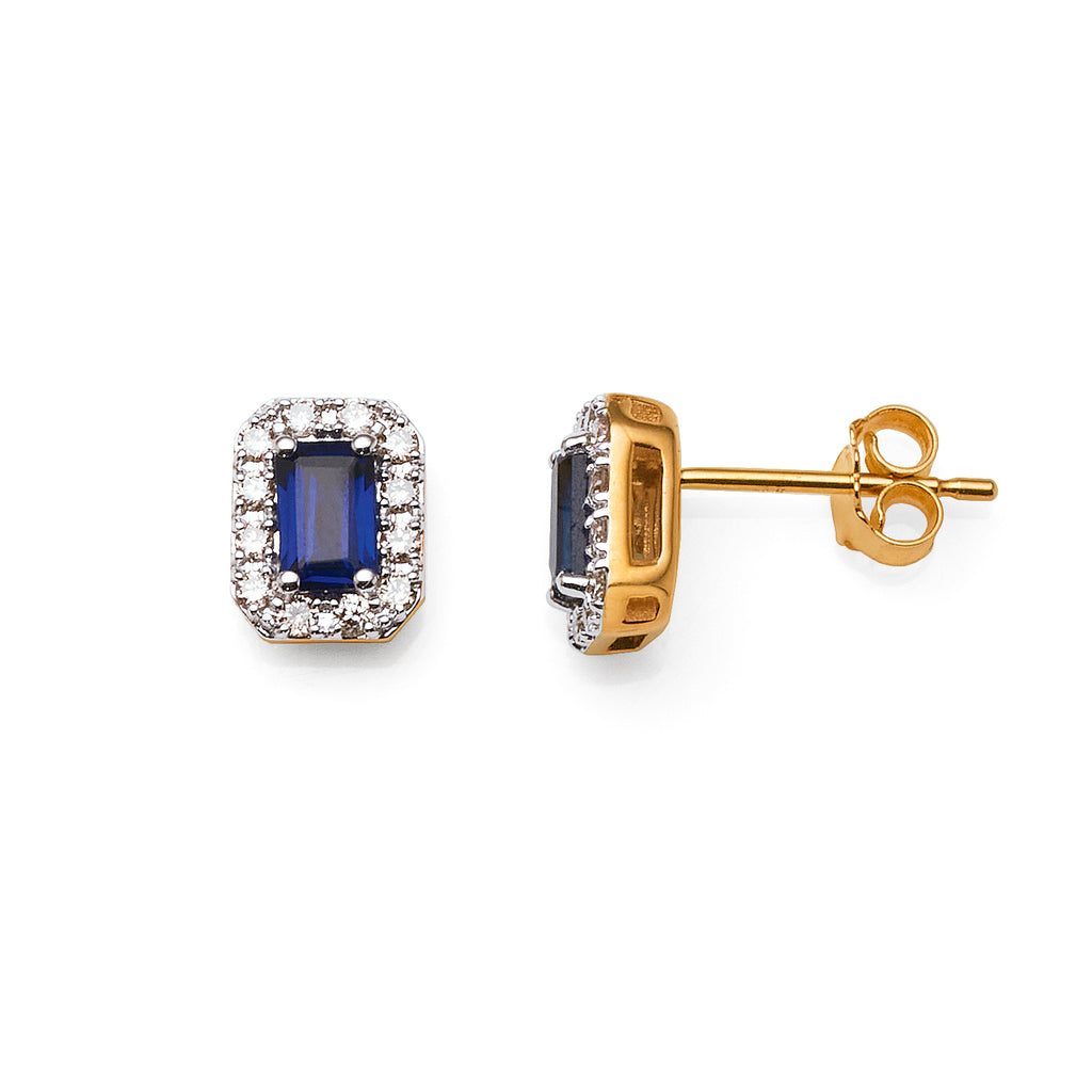 9ct Gold 5x3mm Created Sapphire & Diamond Stud Earrings TDW