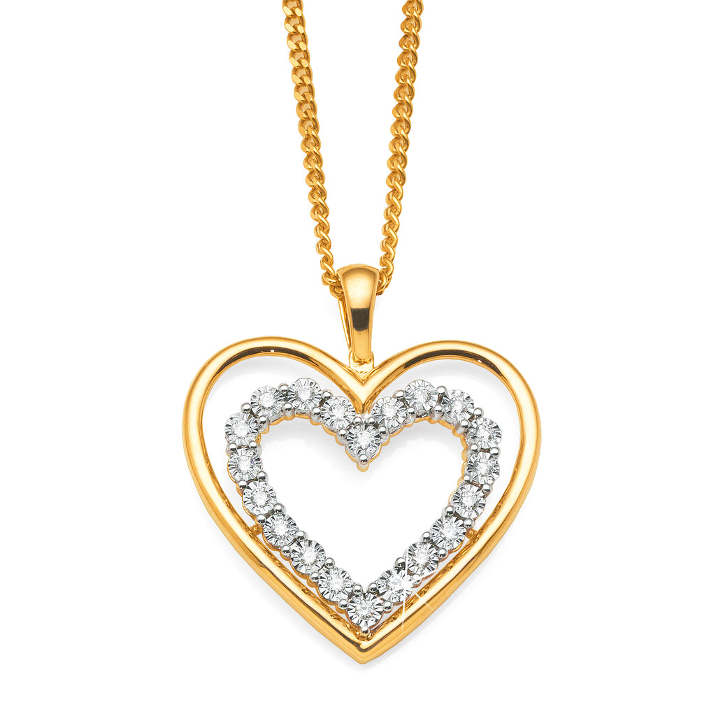 9ct Yellow Gold Diamond Double Open Heart Pendant TDW: 0.16C