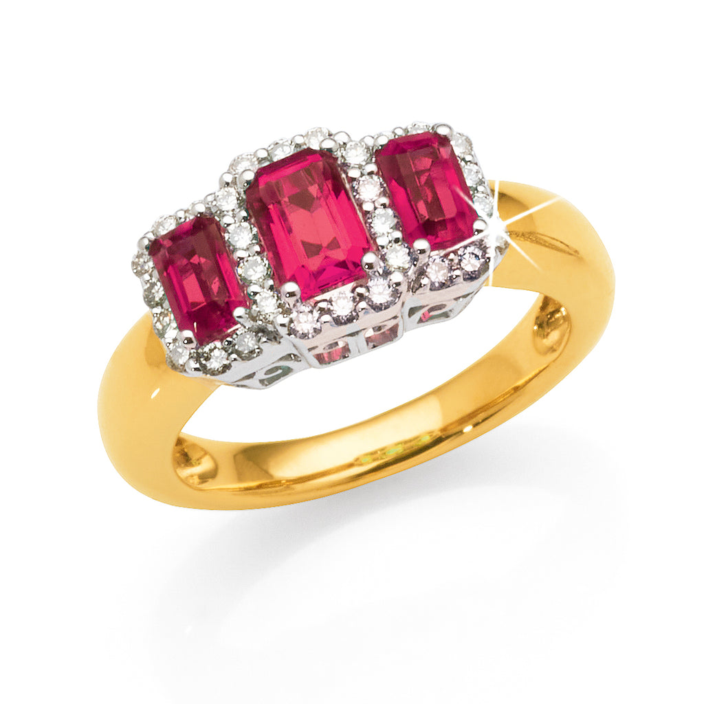 9ct Yellow Gold Created Ruby & Diamond Halo Trilogy Ring TDW