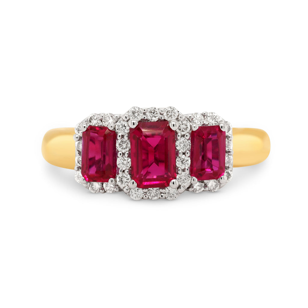 9ct Yellow Gold Created Ruby & Diamond Halo Trilogy Ring TDW