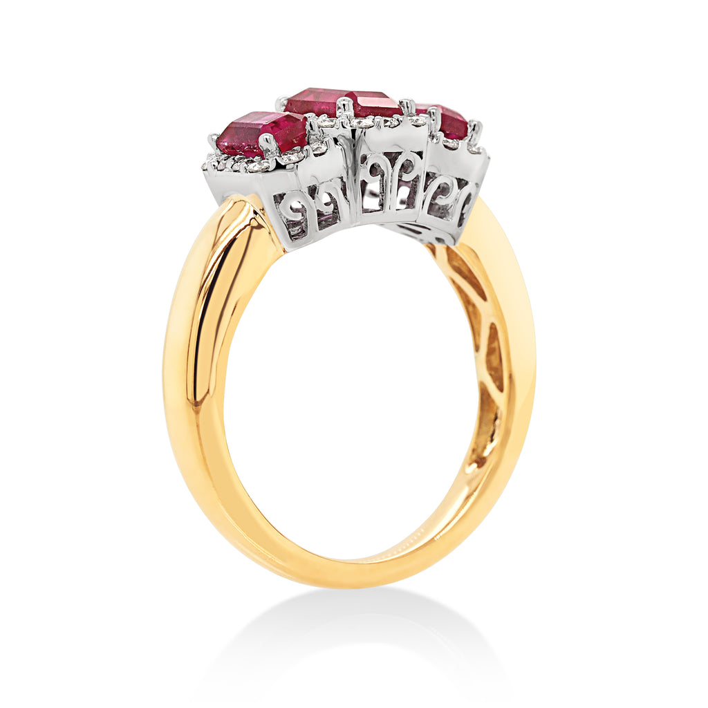 9ct Yellow Gold Created Ruby & Diamond Halo Trilogy Ring TDW