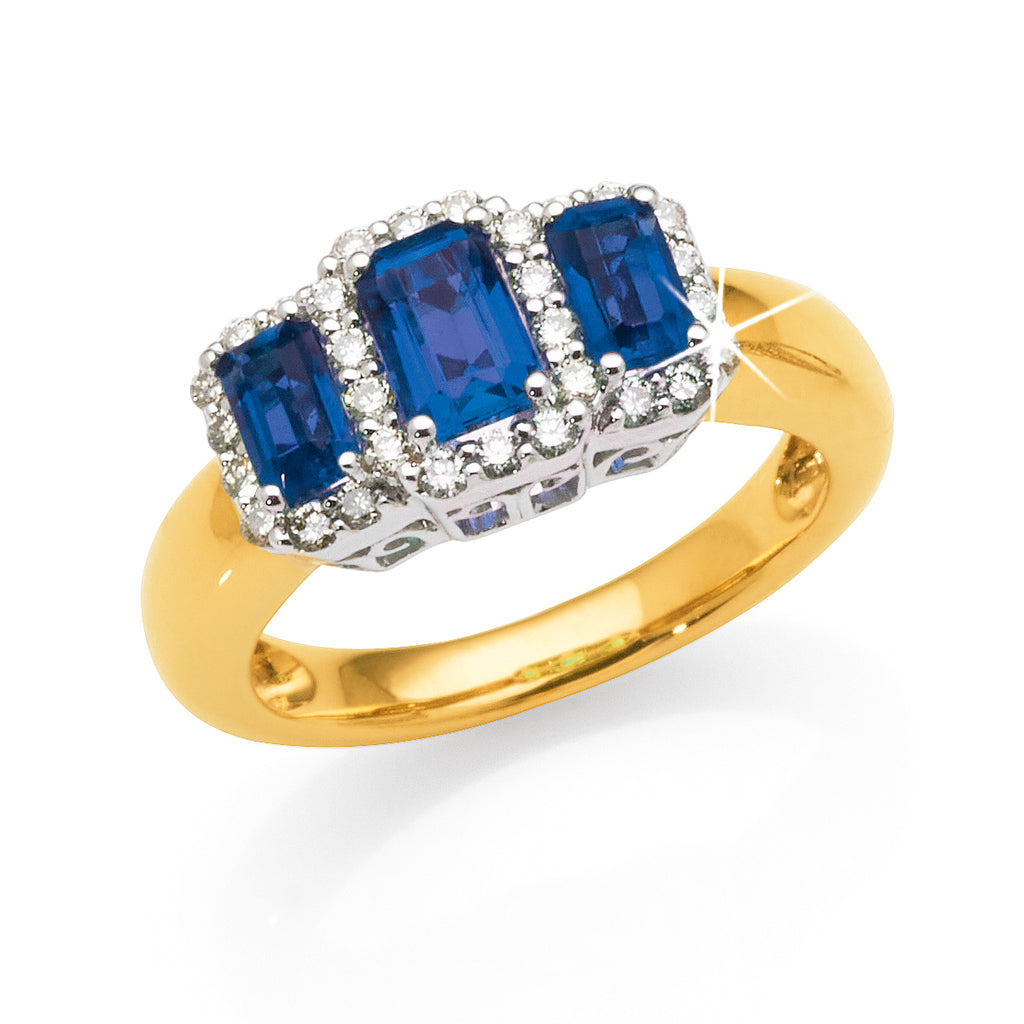 9ct Yellow Gold Created Sapphire & Diamond Trilogy Ring TDW