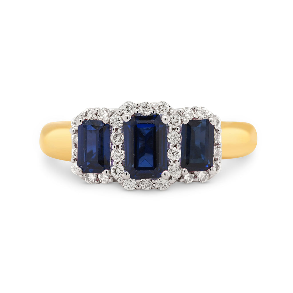 9ct Yellow Gold Created Sapphire & Diamond Trilogy Ring TDW