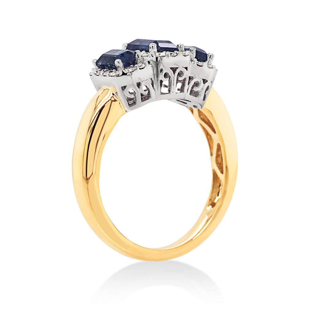 9ct Yellow Gold Created Sapphire & Diamond Trilogy Ring TDW