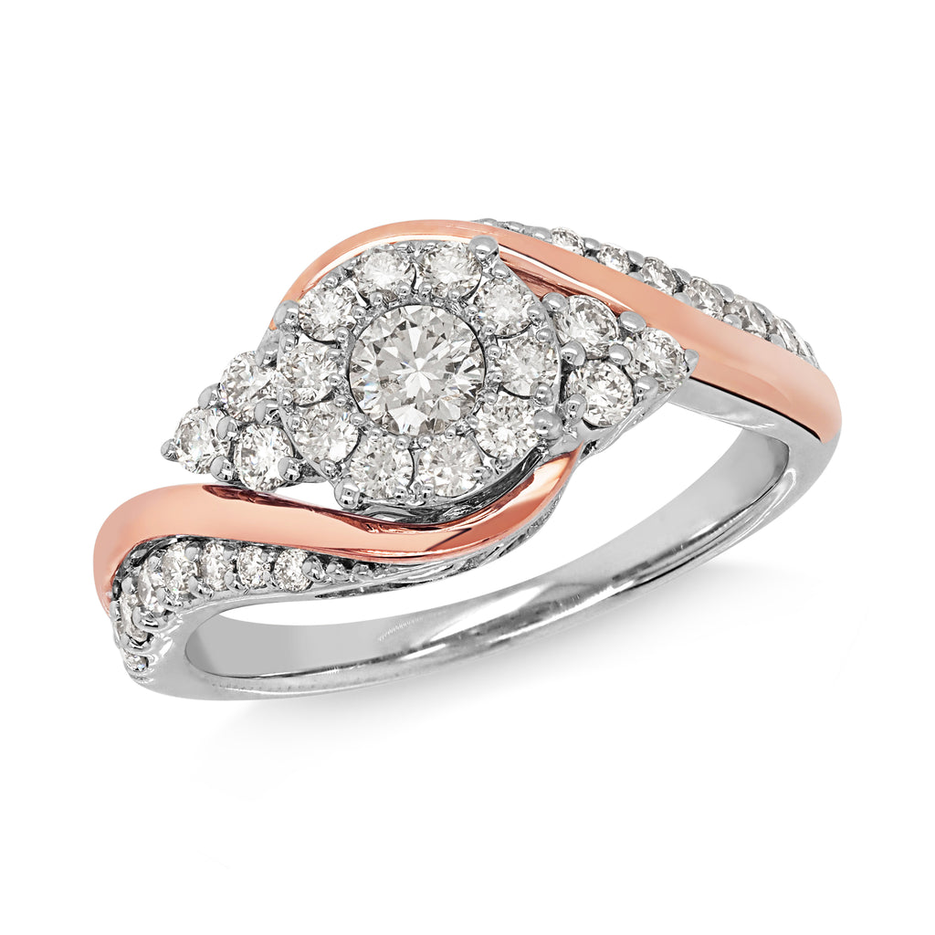 9ct White & Rose Gold Diamond Halo Offset Shoulder Ring TDW: